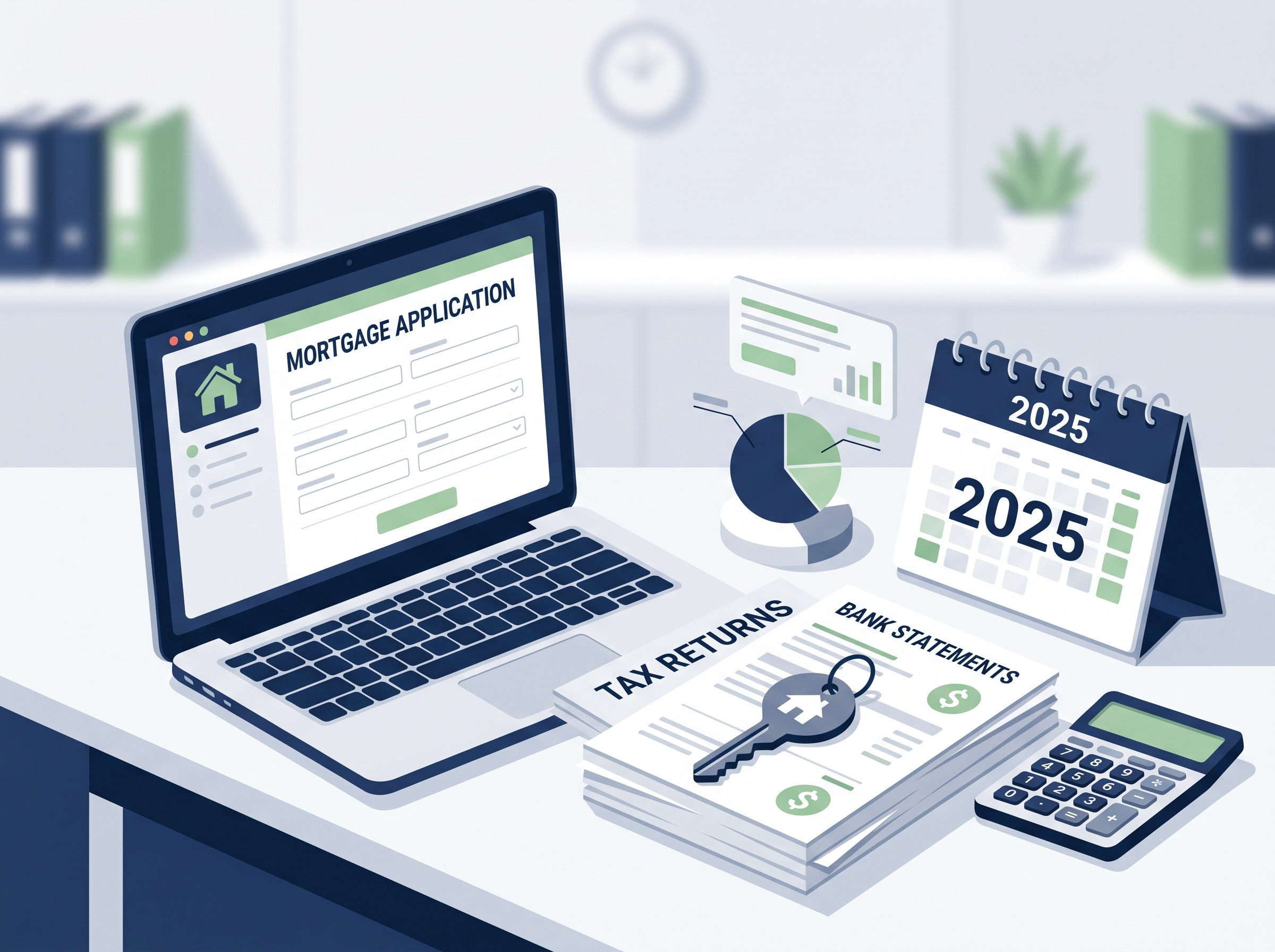 Self employed mortgage requirements 2025 showing financial documents, tax returns, and house key for freelancers planning to buy a home"
