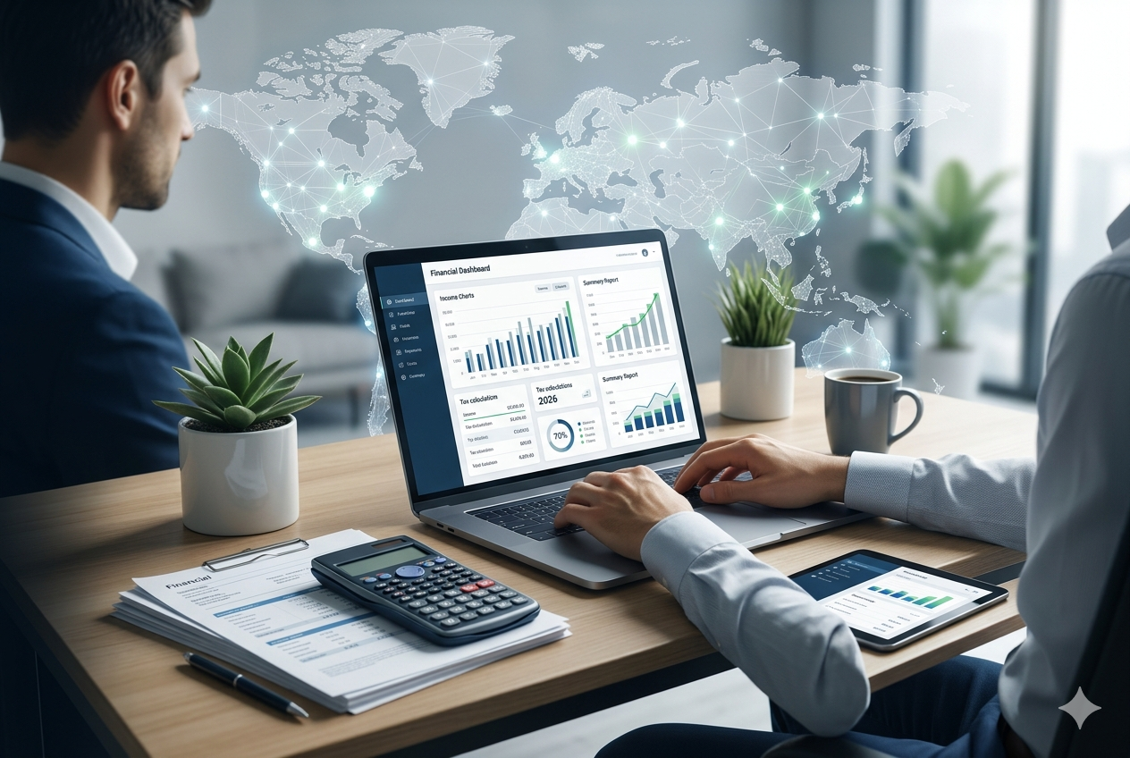 Gig worker taxes concept showing freelancer using laptop with tax calculator, income charts, and financial planning dashboard.