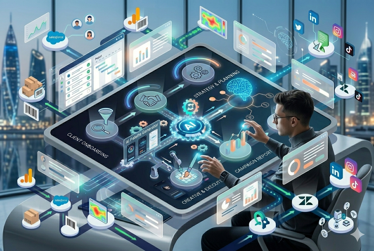 UI UX design trends 2026 futuristic workspace with AI powered design tools, modern interface screens, minimal digital dashboard, and creative designer working on user experience concepts