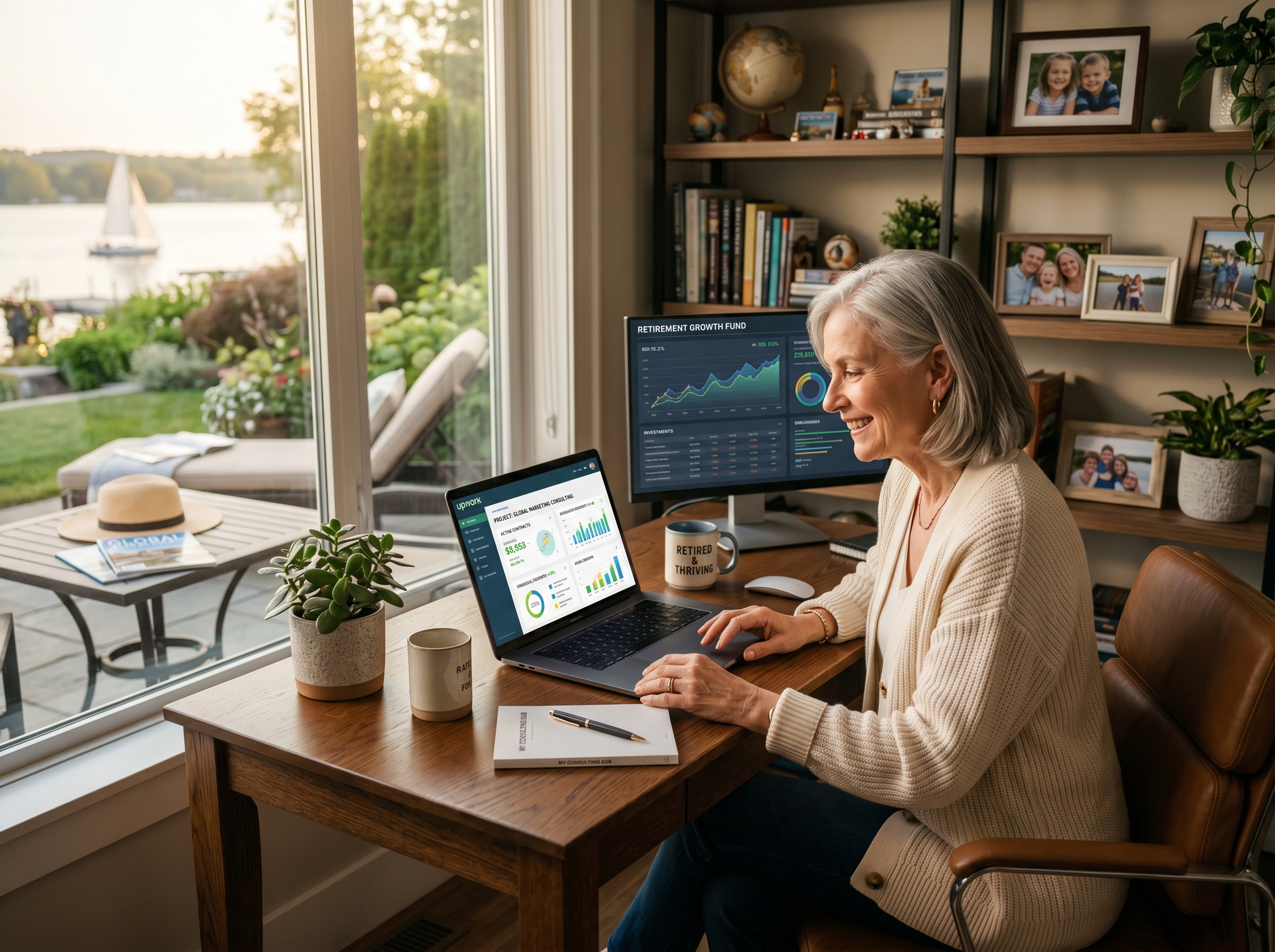 Self employment after retirement concept showing senior professional working remotely on laptop with freelance dashboard and online income growth charts in a modern home office
