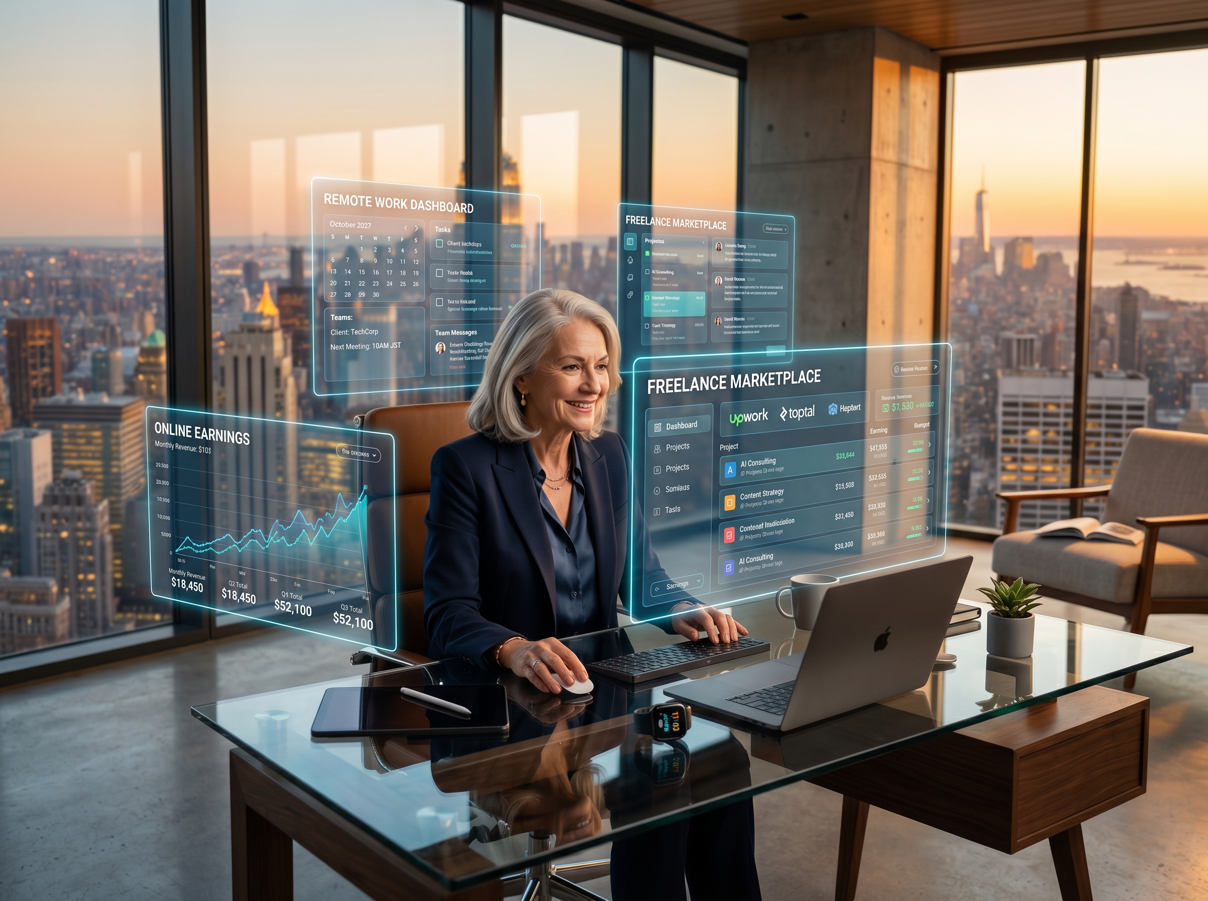 Self employed job ideas for retirement showing senior professional working on laptop with freelance work setup, online income opportunities, and remote work environment