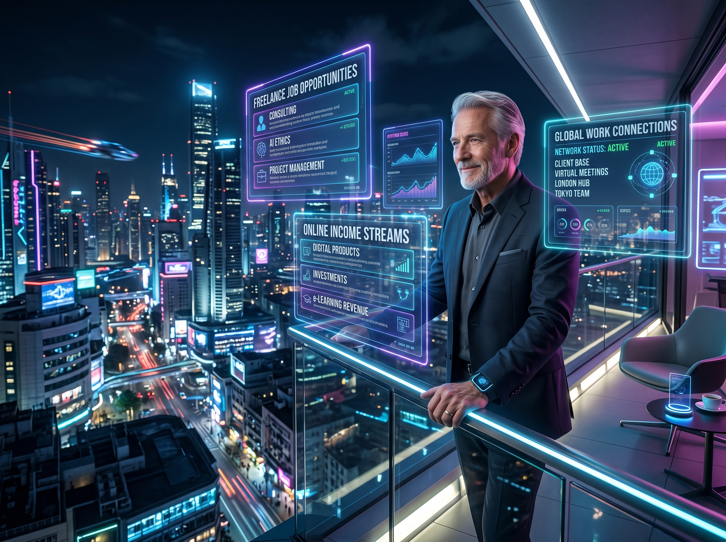 Good self employed jobs 2026 retirement concept showing senior professional working with holographic freelance dashboards and digital income screens in a futuristic city at night