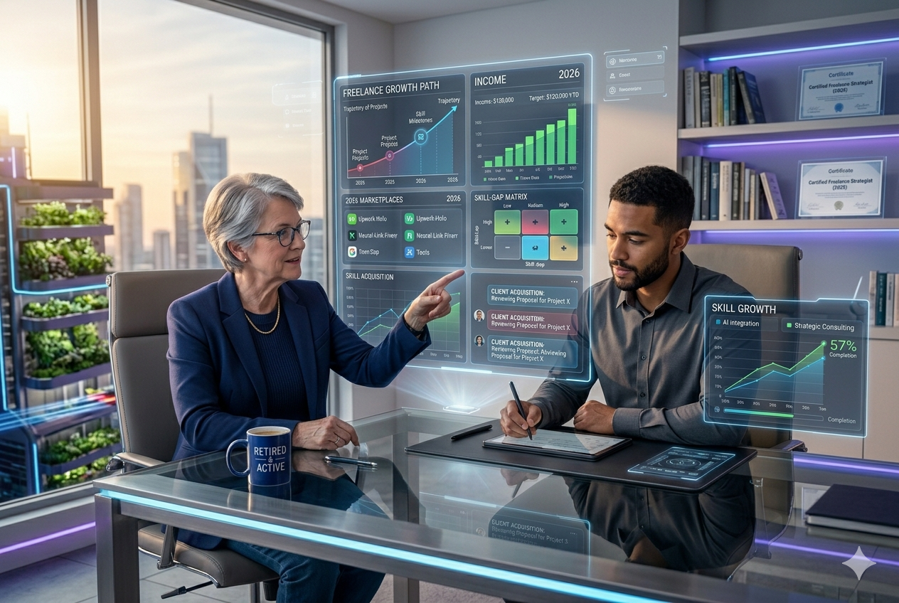 Freelancer coaching 2026 showing senior professional mentoring beginner freelancer online with digital dashboards, skill growth charts, and modern remote learning workspace