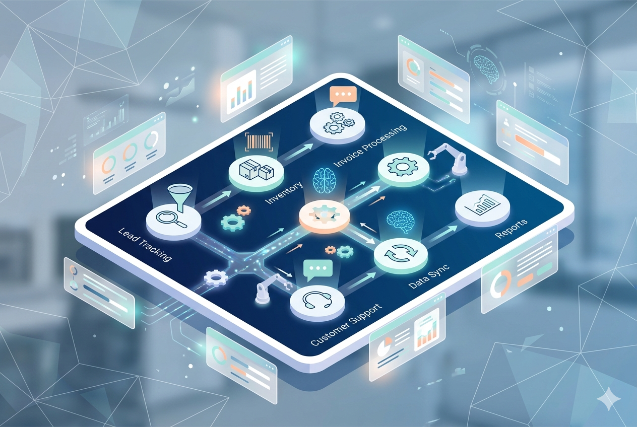 Business process automation services dashboard showing connected workflows for sales lead tracking, inventory management, and customer support chatbot automation