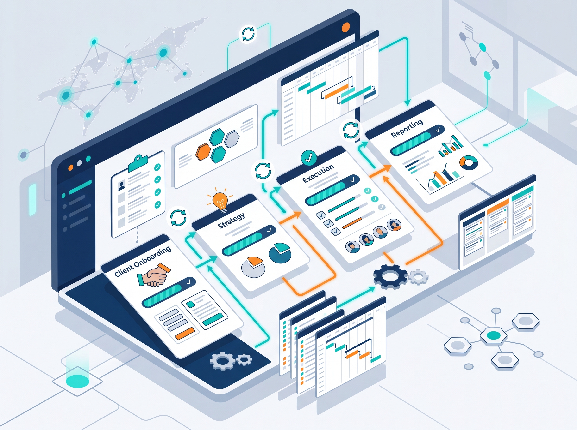 Digital agency workflow automation dashboard showing connected project stages from client onboarding to strategy, execution, and reporting with automated sync indicators