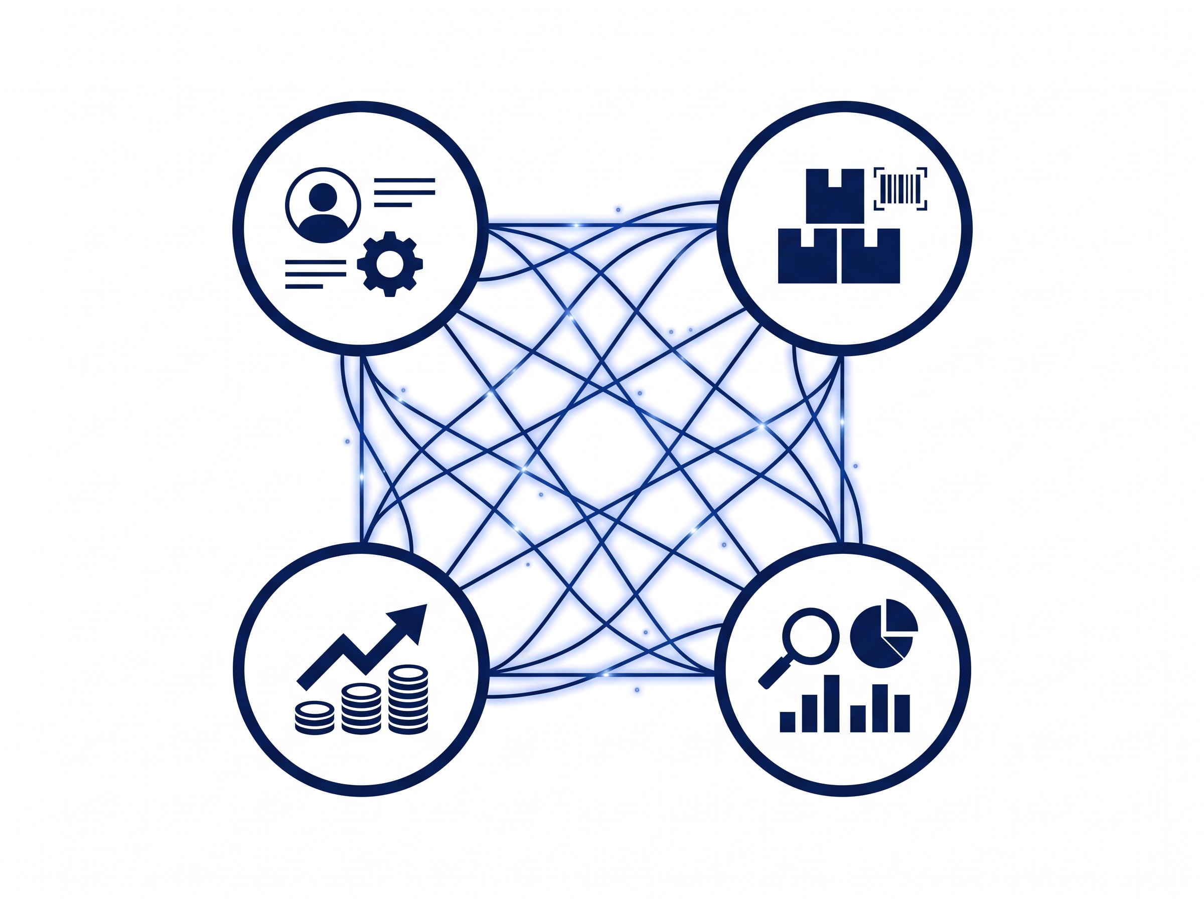Smart systems integration connecting CRM, inventory management, analytics, and sales platforms with real-time data flow between business systems