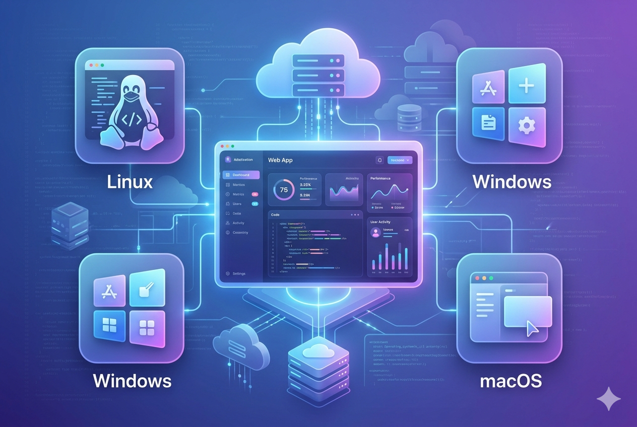 Optimized operating system for web apps showing Linux Windows macOS connected to cloud computing dashboard for web application performance in 2026