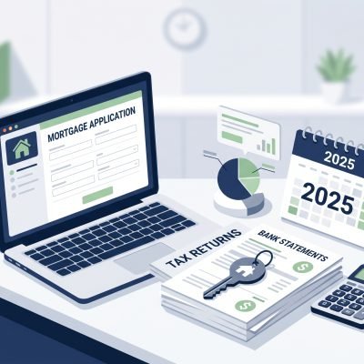 Self employed mortgage requirements 2025 showing financial documents, tax returns, and house key for freelancers planning to buy a home"