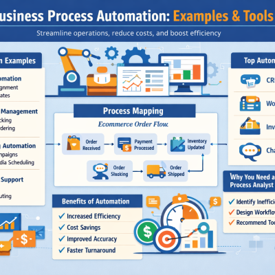 Business Process Automation infographic showing examples, tools, workflow, and benefits.