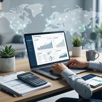 Gig worker taxes concept showing freelancer using laptop with tax calculator, income charts, and financial planning dashboard.