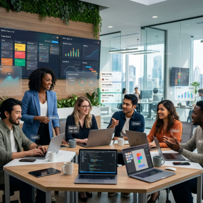 Project management tools for startups showing team collaboration in modern office with digital dashboards, task boards, and workflow tracking screens