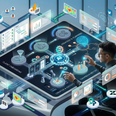 UI UX design trends 2026 futuristic workspace with AI powered design tools, modern interface screens, minimal digital dashboard, and creative designer working on user experience concepts