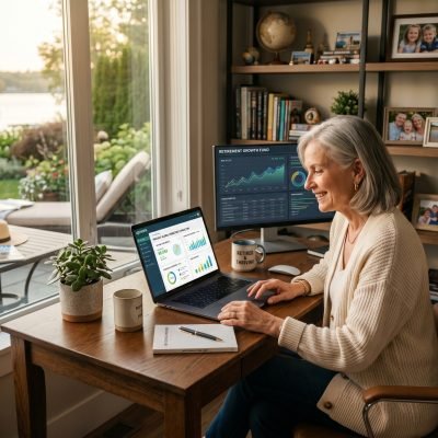 Self employment after retirement concept showing senior professional working remotely on laptop with freelance dashboard and online income growth charts in a modern home office