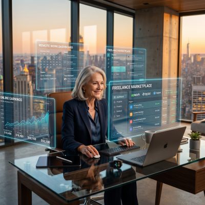 Self employed job ideas for retirement showing senior professional working on laptop with freelance work setup, online income opportunities, and remote work environment