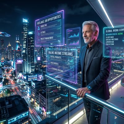 Good self employed jobs 2026 retirement concept showing senior professional working with holographic freelance dashboards and digital income screens in a futuristic city at night