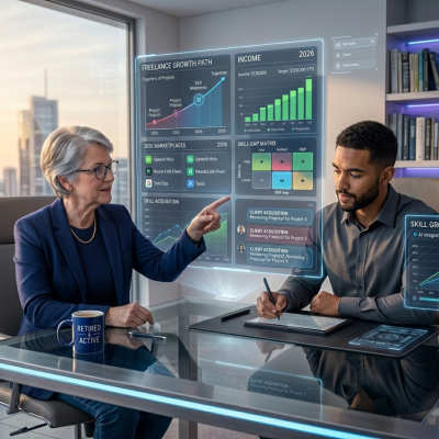 Freelancer coaching 2026 showing senior professional mentoring beginner freelancer online with digital dashboards, skill growth charts, and modern remote learning workspace