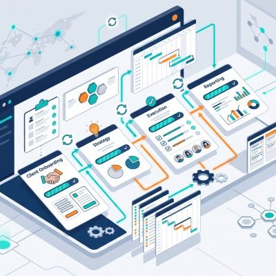 Digital agency workflow automation dashboard showing connected project stages from client onboarding to strategy, execution, and reporting with automated sync indicators