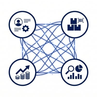 Smart systems integration connecting CRM, inventory management, analytics, and sales platforms with real-time data flow between business systems