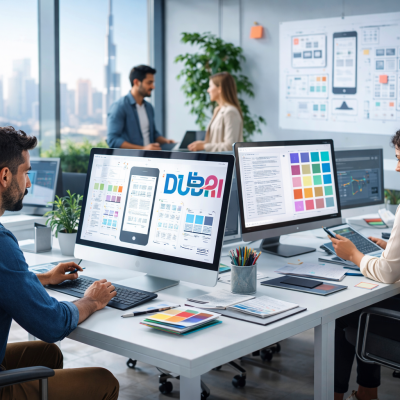 UI UX design company in Dubai creating modern website interface on laptop screen