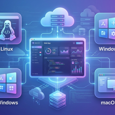 Optimized operating system for web apps showing Linux Windows macOS connected to cloud computing dashboard for web application performance in 2026
